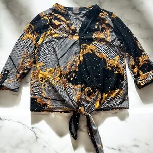 Cocomo Petite Black Gold Baroque Tie‎ Front Blouse